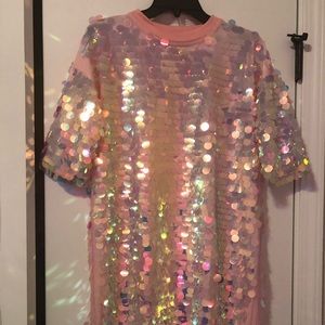 PINK OVERSIZED HOLOGRAPHIC SEQUIN T-SHIRT DRESS